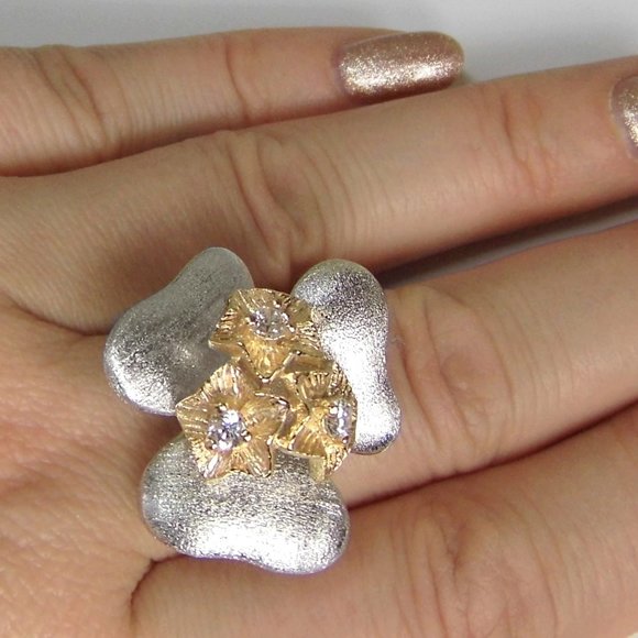 Flower Two Tone Sterling SILVER CZ Ring - Picture 2 of 7